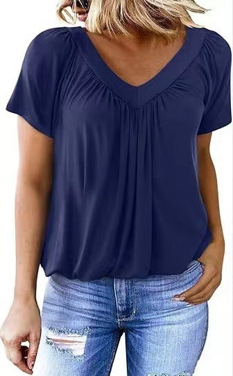**T-shirt femme uni col V manches courtes**