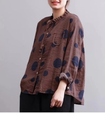 Blouse Femme Décontractée à Col Montant - Imprimé Pois & Coupe Loose