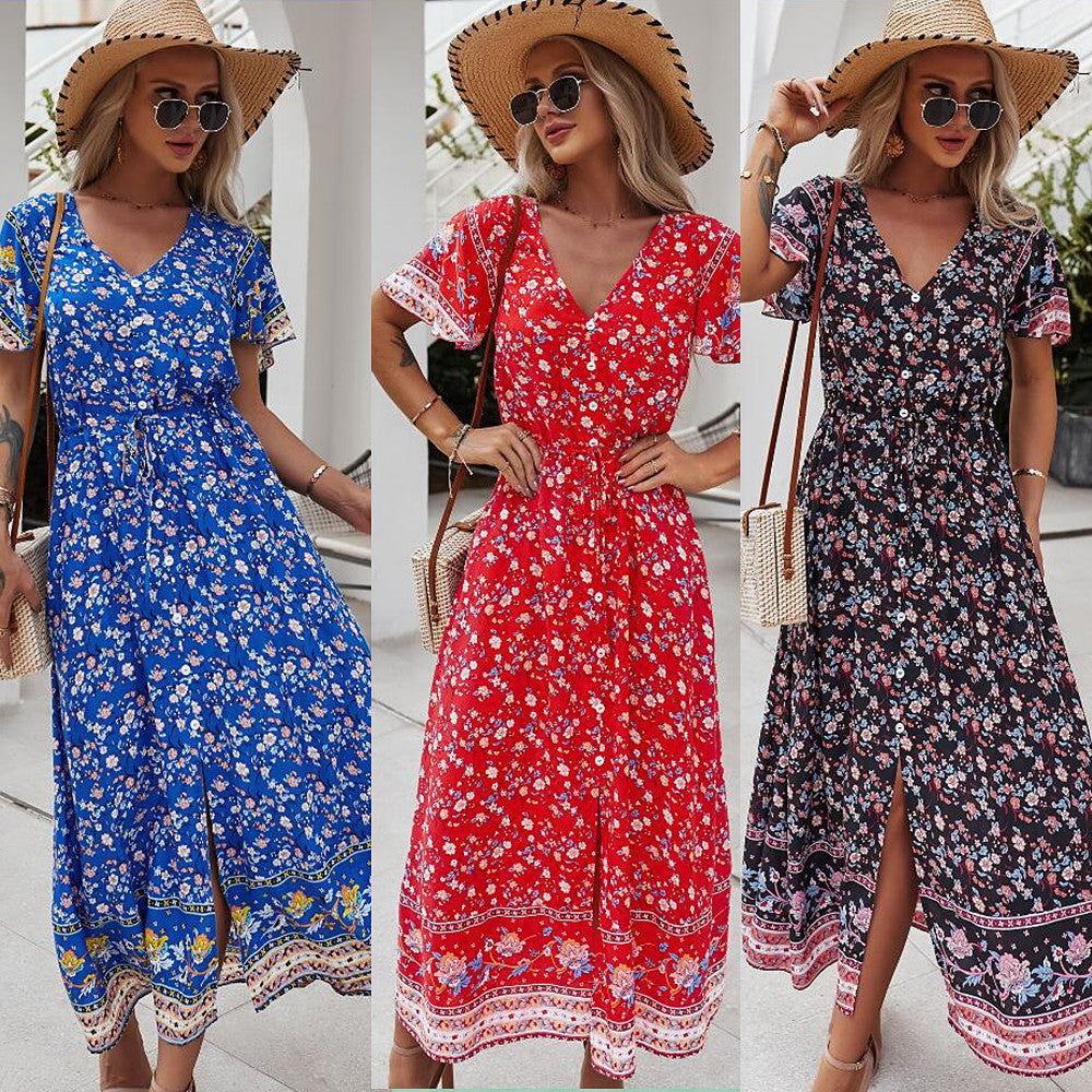 Robe décontractée sexy à imprimé, col en V, style vacances.