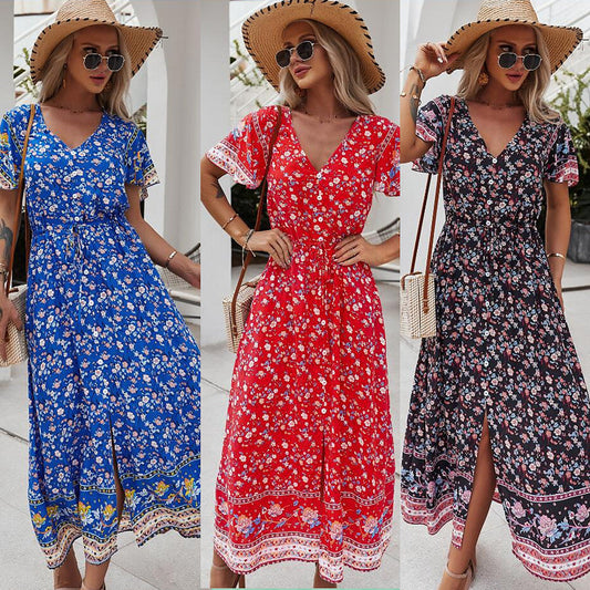 Robe décontractée sexy à imprimé, col en V, style vacances.