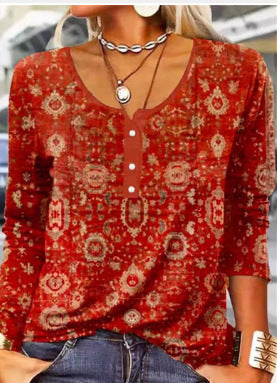 T-shirt à manches longues et col en U à imprimé