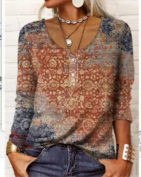 T-shirt à manches longues et col en U à imprimé