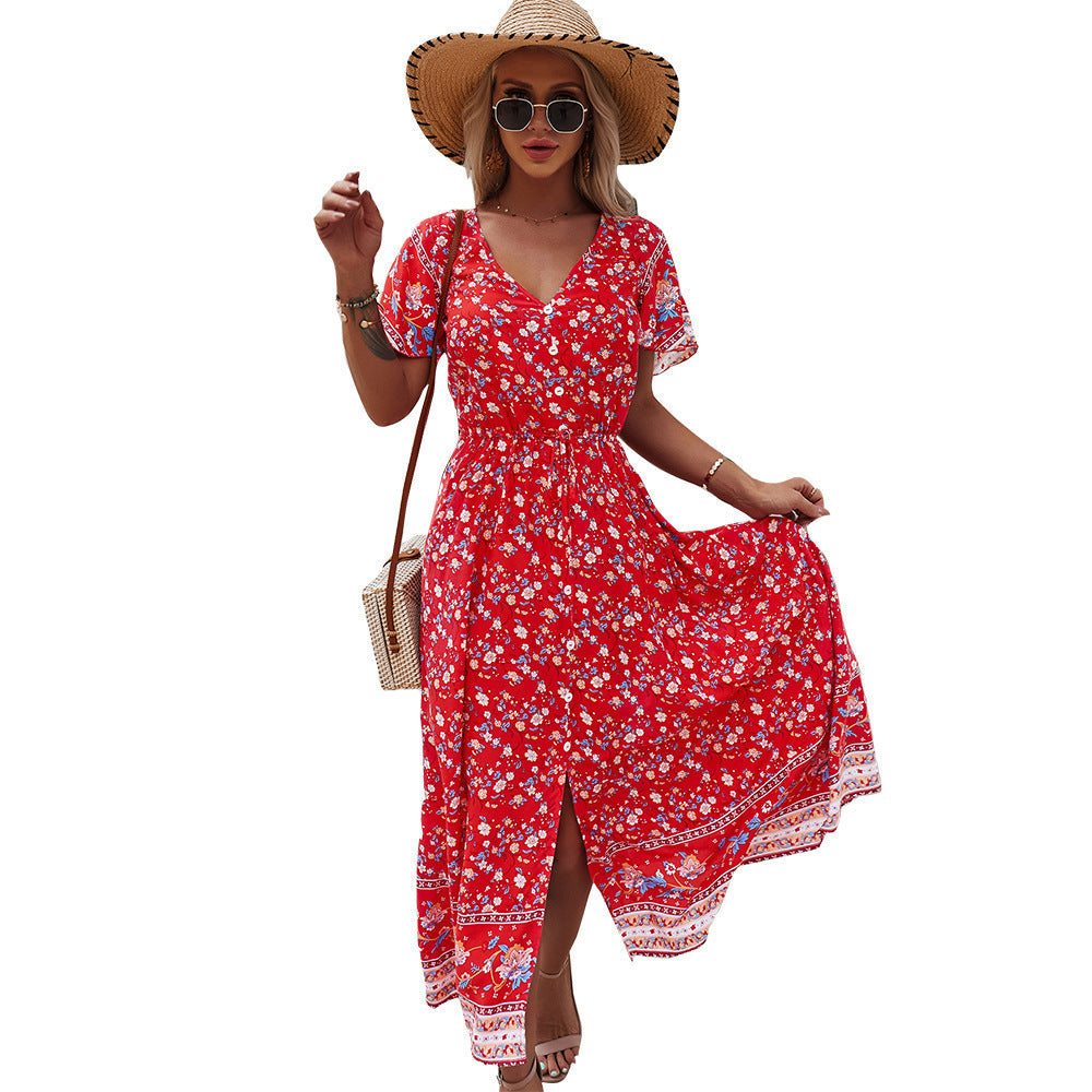 Robe décontractée sexy à imprimé, col en V, style vacances.