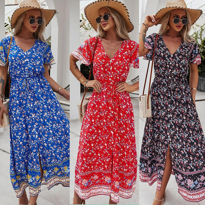 Robe décontractée sexy à imprimé, col en V, style vacances.