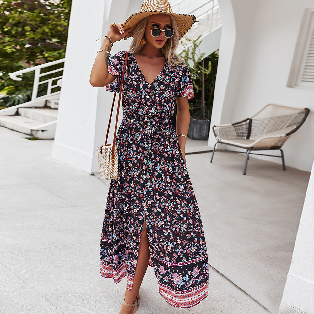 Robe décontractée sexy à imprimé, col en V, style vacances.