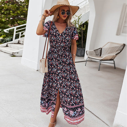 Robe décontractée sexy à imprimé, col en V, style vacances.